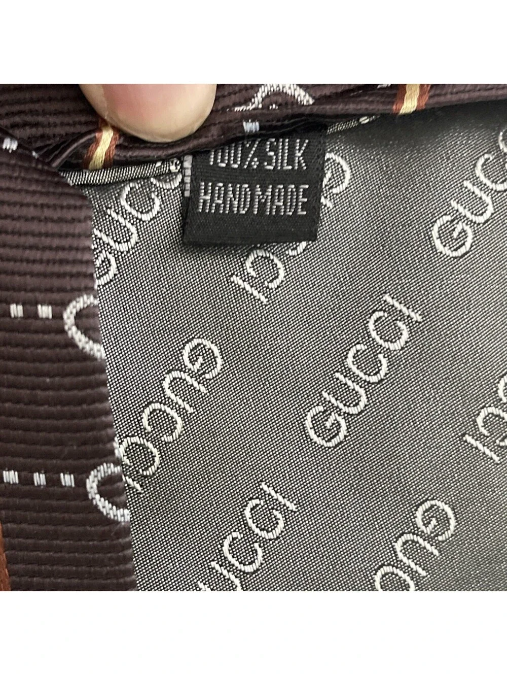 Vintage Silk Handmade Gucci Mens Neck Tie Saddle Brown Gold With Logo